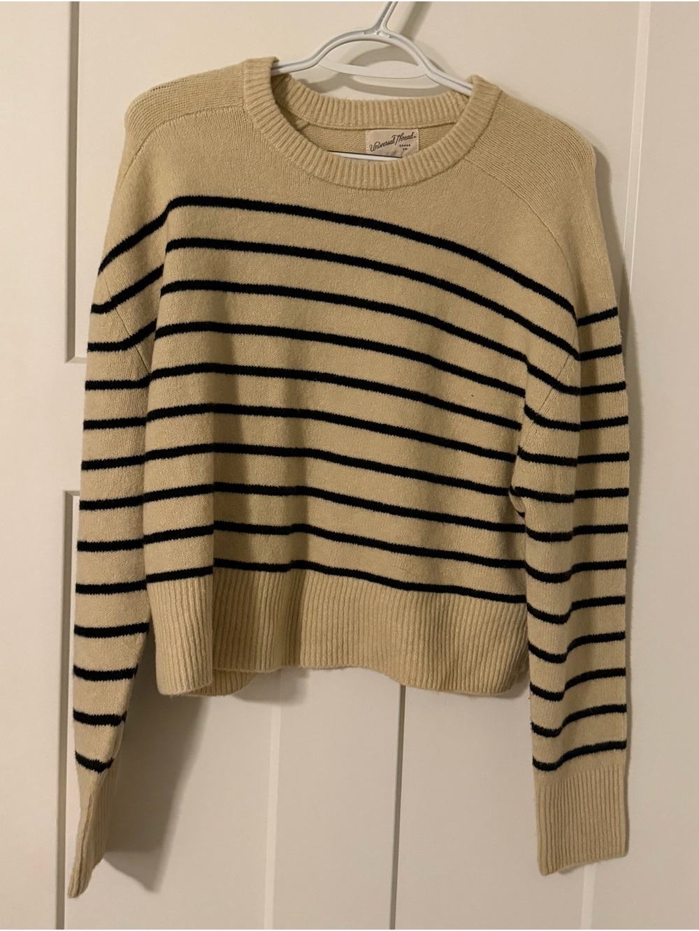Universal Thread Cream Crewneck Sweater with Black Stripes